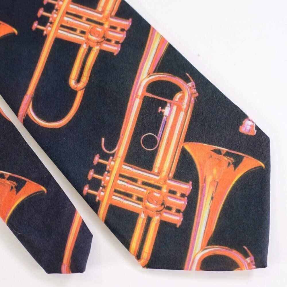 Vintage Ralph Marlin Light Black Orange Trumpeter Short Polyester Tie